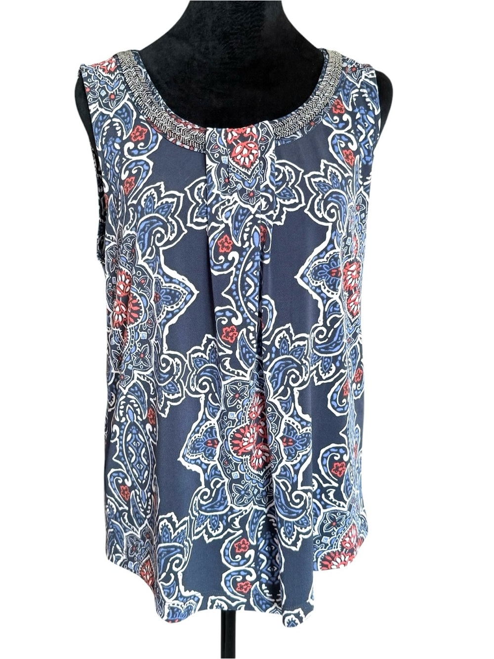 Magnolia Grace Navy Paisley Beaded-Neck Blouse.  M/L